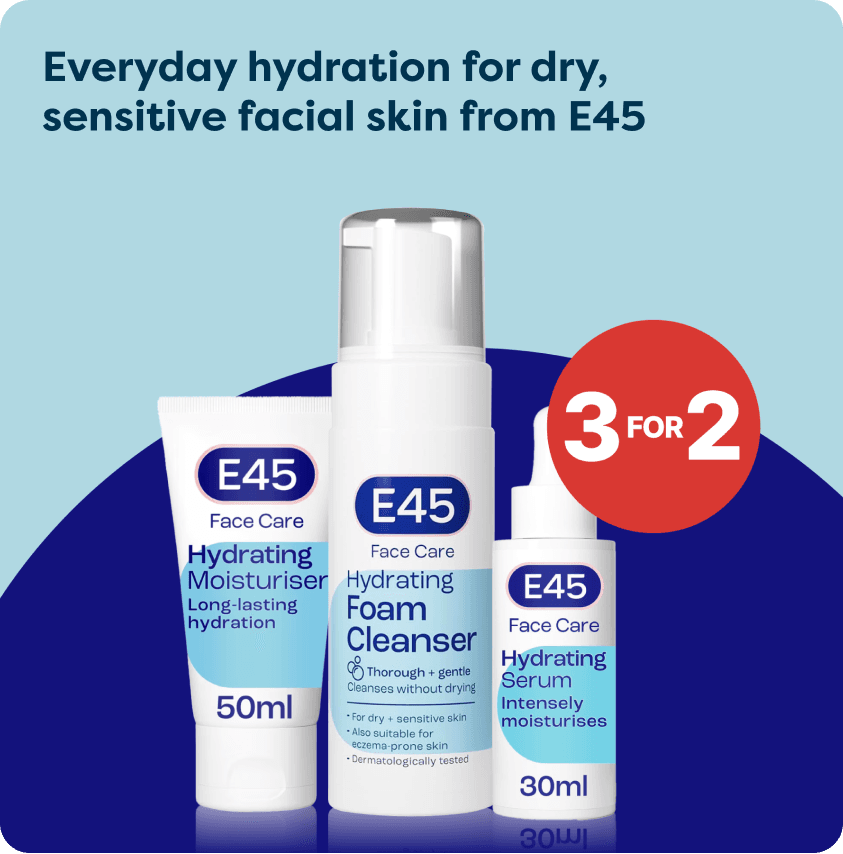 3 for 2 on E45 Face Care at Pharmacy2U. Three E45 Face Care products for dry, sensitive skin, including Hydrating Moisturiser, Foam Cleanser and Hydrating Serum, are displayed.