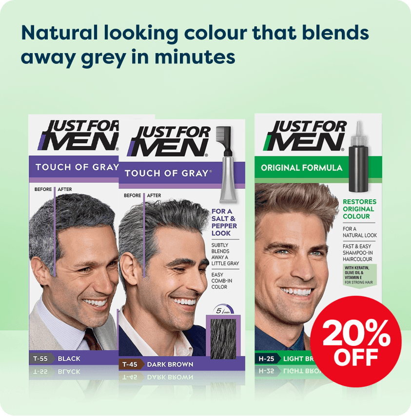 Three Just For Men hair color packs, featuring "Touch of Gray" and "Original Formula," with a 20% off discount badge.