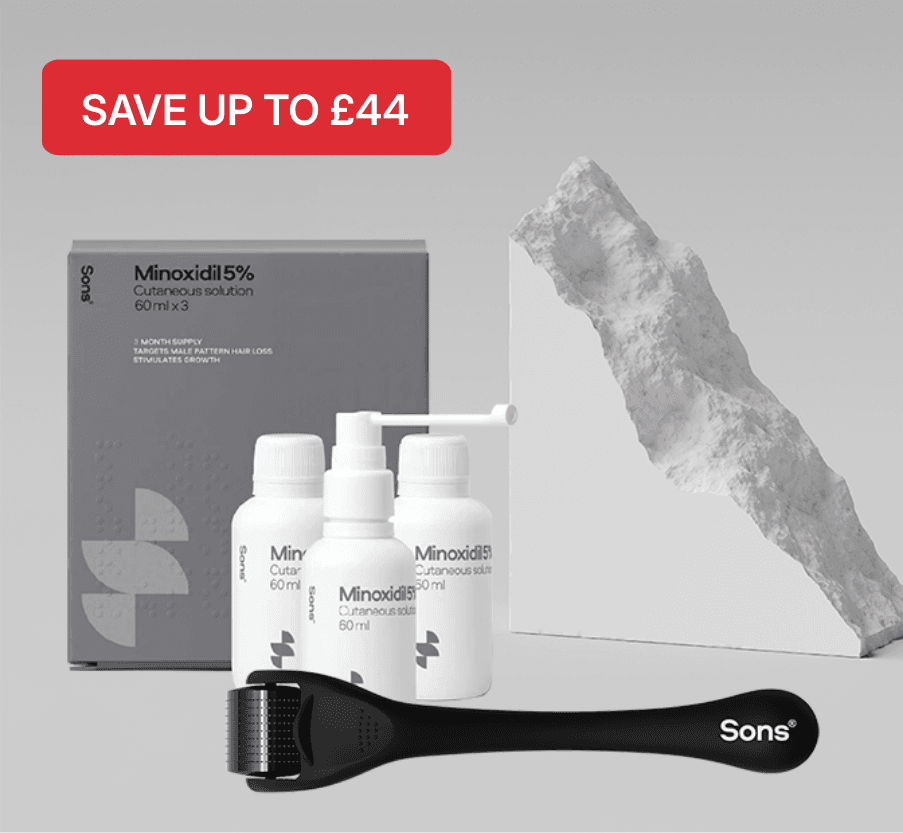 Sons Minoxidil 5% hair growth solution pack with bottles and roller. Red label: "Save up to £44."