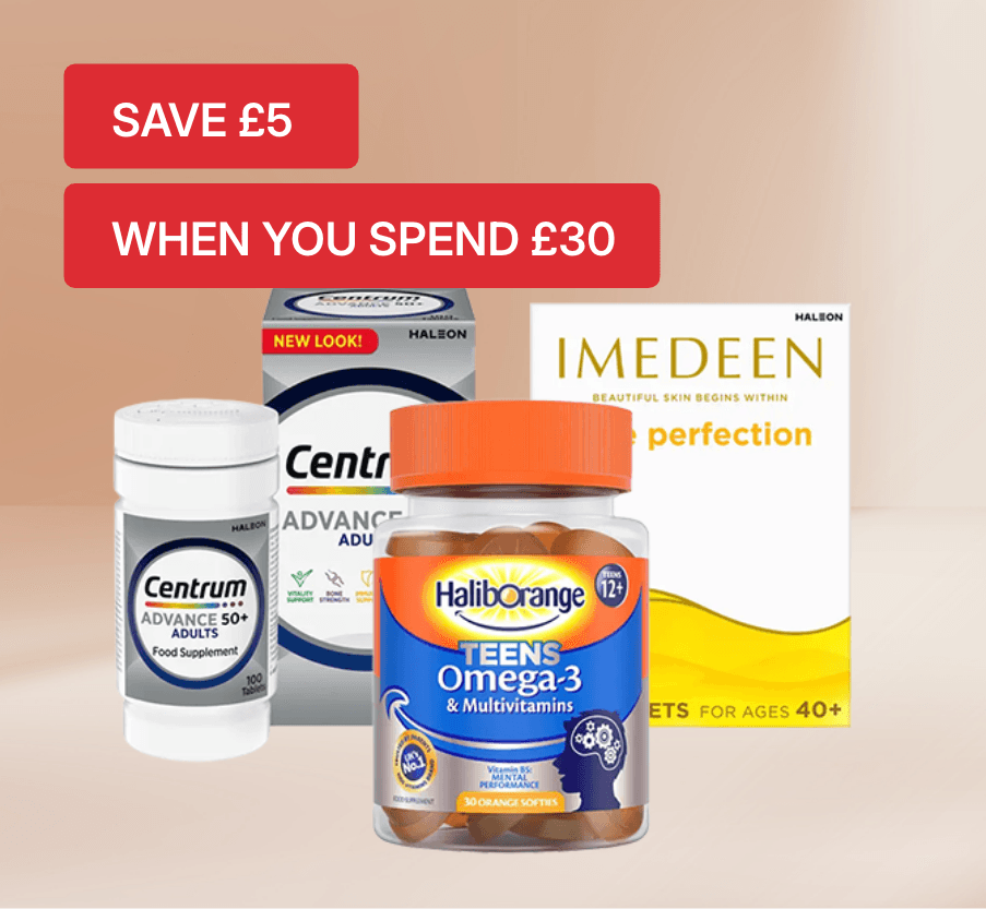 Vitamins and supplements offer displayed with a promotion: "Save £5 when you spend £30." Products include Centrum and Haliborange.