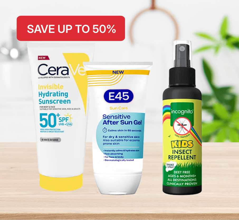 Three skincare products on a wooden surface: CeraVe sunscreen, E45 after-sun gel, and Incognito kids' insect repellent. A red "Save Up to 50%" label is above them.
