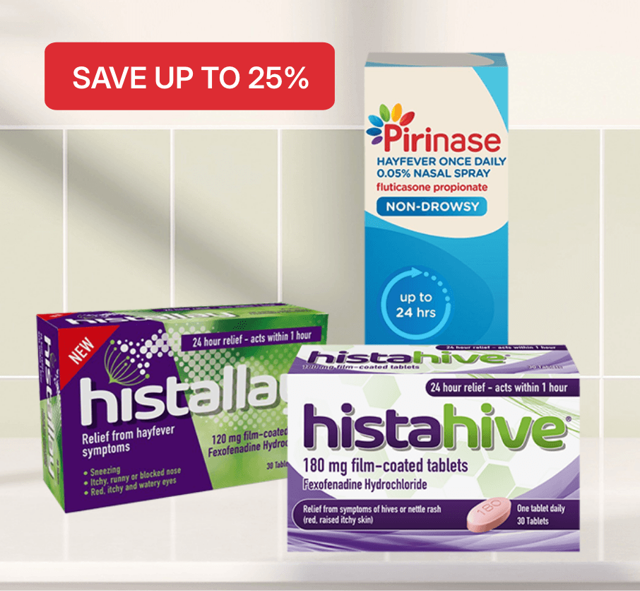 Boxes of allergy relief products, including "Histallay", "Histahive," and "Pirinase" with a "Save up to 25%" label above.