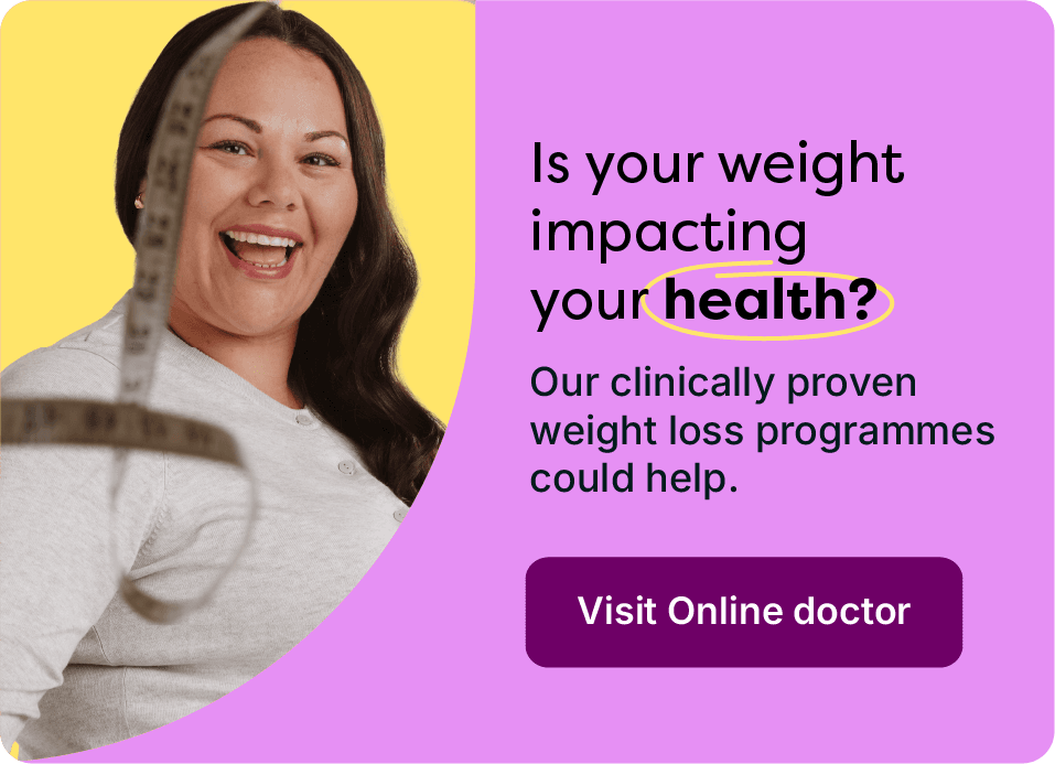 Banner with text about weight impact on health, featuring a smiling person on the right and a "Visit Online doctor" button.