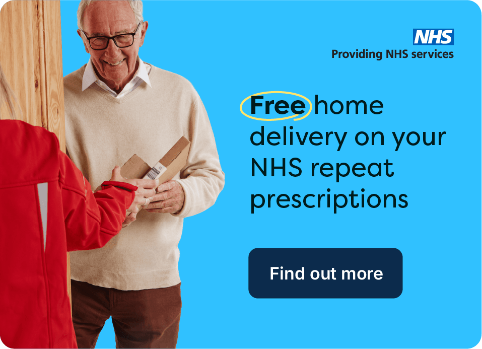 Banner offering free home delivery for NHS repeat prescriptions, featuring a man using a smartphone and a courier holding a package.