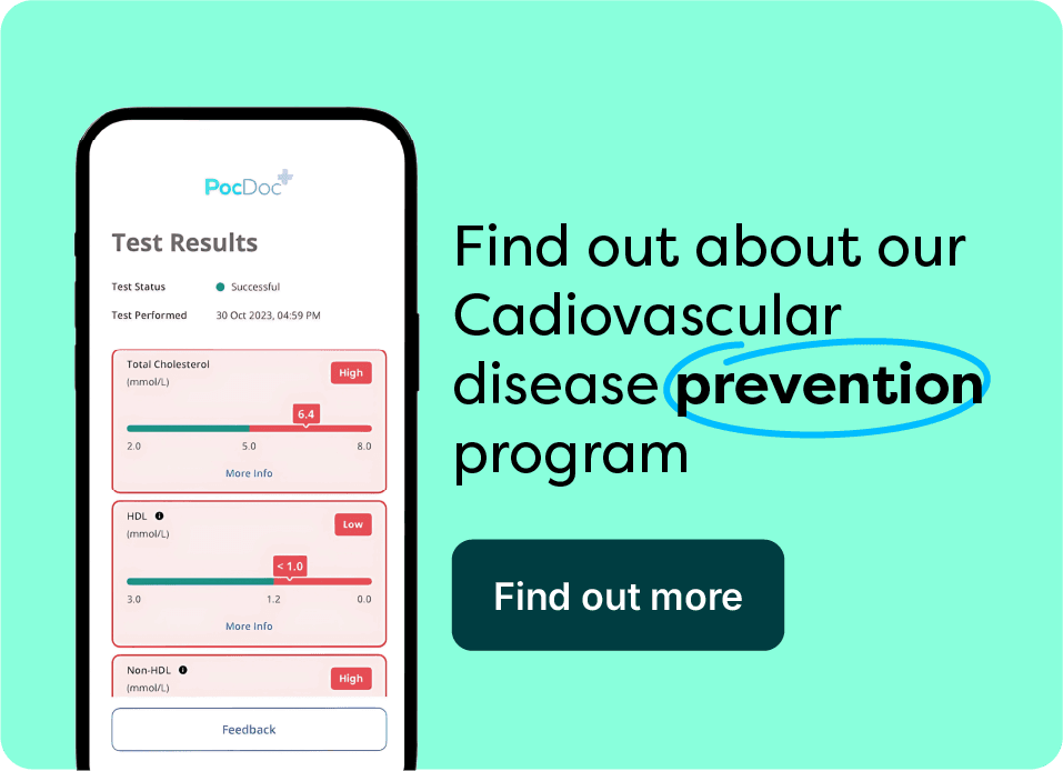 Banner promoting a cardiovascular disease prevention program, featuring a man holding a pamphlet and a "Find out more" button.