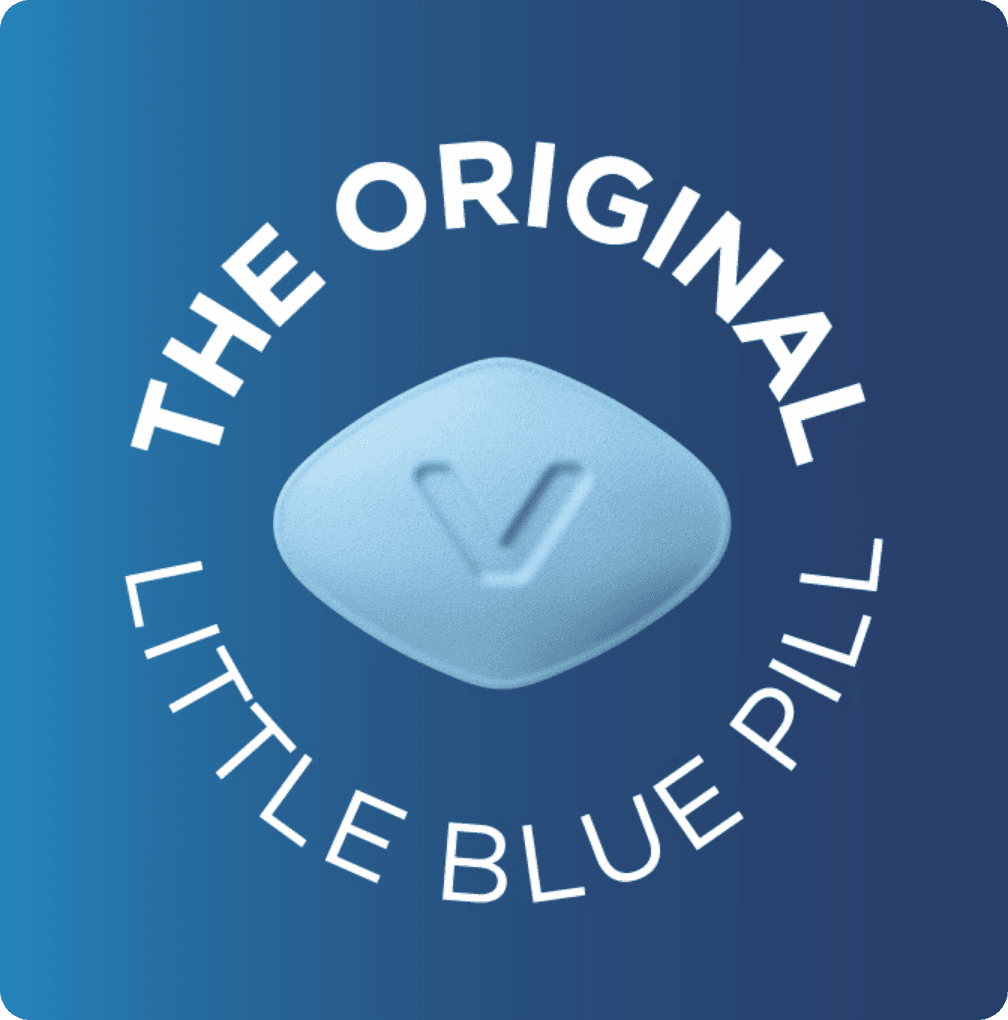 A blue pill with a "V" imprint is centered on a dark blue background. Text reads "The Original Little Blue Pill" in a circular layout.