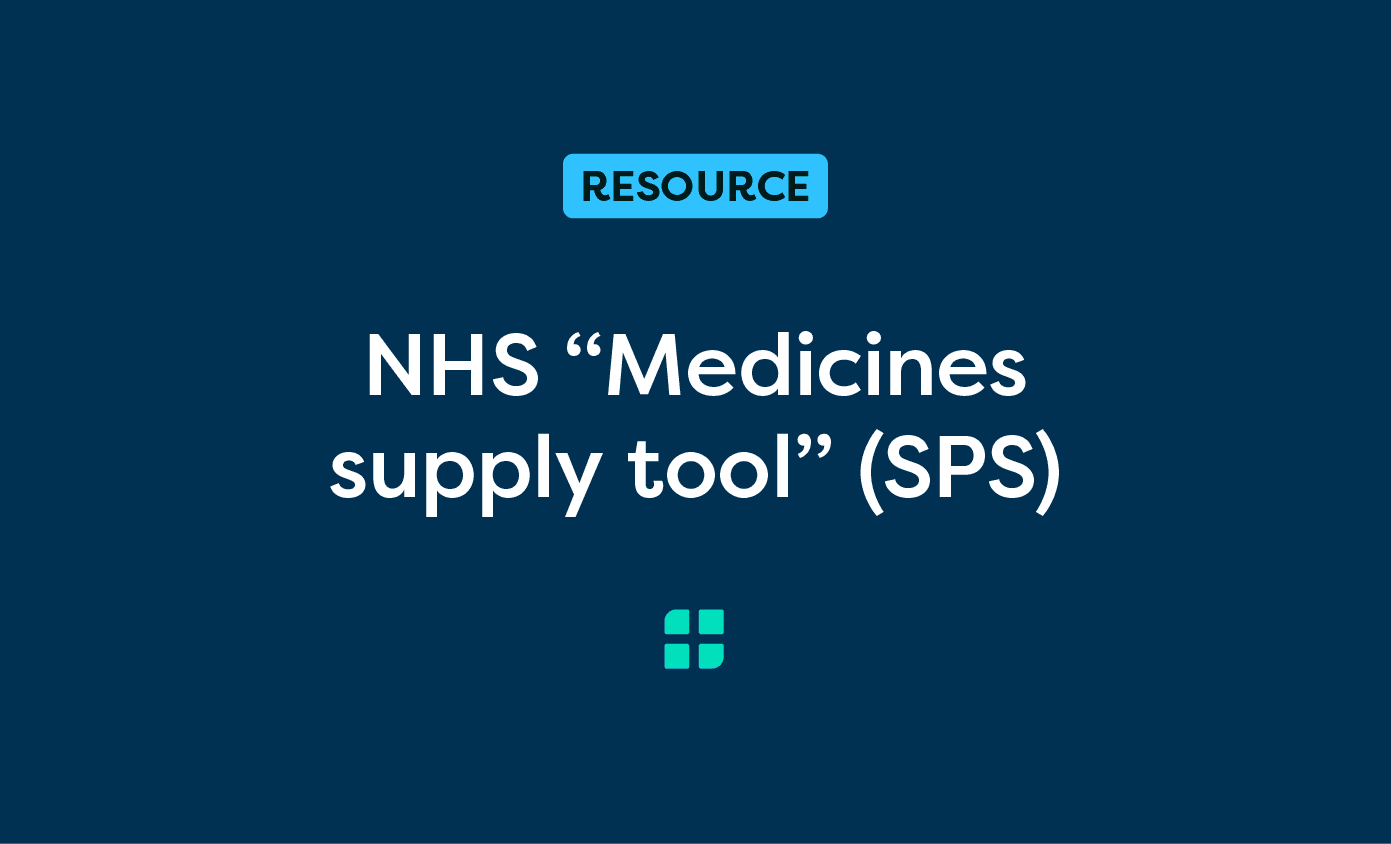 Dark blue background with the text "RESOURCE NHS 'Medicines supply tool' (SPS)" and a small teal grid icon below.