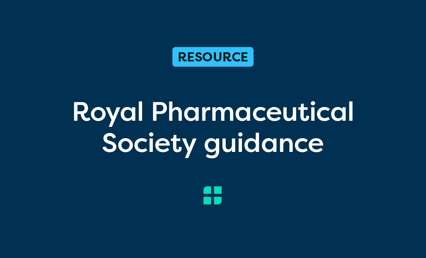 Dark blue background with the text "RESOURCE Royal Pharmaceutical Society guidance" in white and a small teal grid icon below.