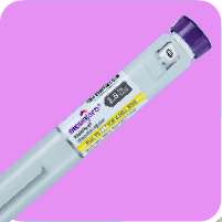 Gray injection pen with a purple cap and label, set against a purple background.