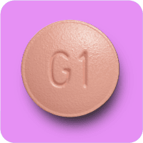 Round, peach-colored pill with "G1" imprint on a purple background.