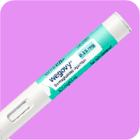A green and white injection pen labeled "Wegovy" on a purple background, used for medical purposes.