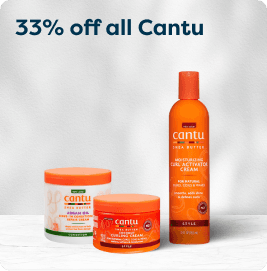 Cantu hair care products with shea butter on a shelf. Text reads "33% off all Cantu" against a light background.