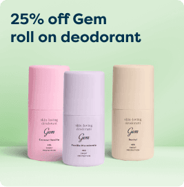 3 pastel-colored Gem roll-on deodorants with a "25% off" offer on a light green background.