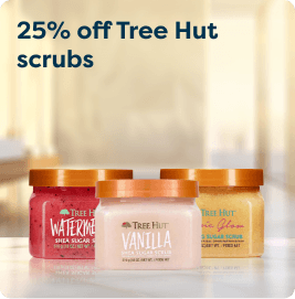 Image of 3 Tree Hut shea sugar scrubs with a "25% off Tree Hut scrubs" text. Flavors include Watermelon, Vanilla, and Exotic Bloom.