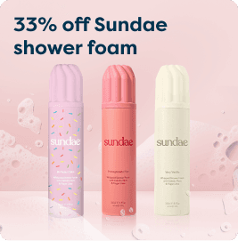 3 bottles of Sundae shower foam in different pastel colors, with text offering 33% off, on a pink bubbly background.