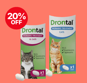 Two Drontal cat worming treatment boxes on an orange background, with a 20% off label and tablets in front.