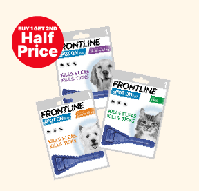 Frontline Spot On flea and tick treatment packs for dogs and cats, with "Buy 1 Get 2nd Half Price" offer displayed.