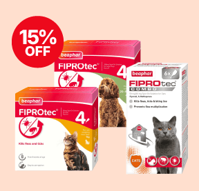 Pet flea and tick treatments with 15% off. Three product boxes for dogs and cats, featuring images of a dog and a cat.