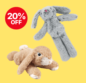 Two plush rabbit toys, one grey and one brown, on a yellow background with a red "20% OFF" label.