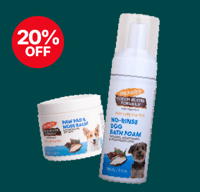 Dog bath foam and paw balm with a "20% off" tag, featuring images of dogs on a teal background.
