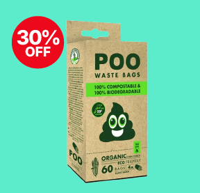 Box of POO waste bags, 100% compostable and biodegradable, with a 30% off label, against a teal background.