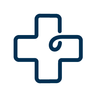 A blue medical cross with a stylised, curved line resembling a stethoscope integrated into the design.
