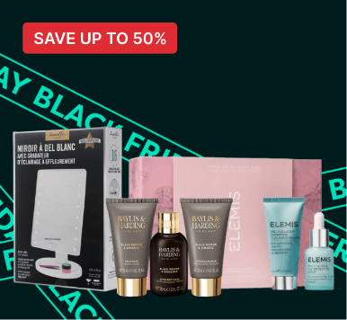 Beauty products and an LED mirror on a Black Friday sale advertisement with a "Save up to 50%" tag.