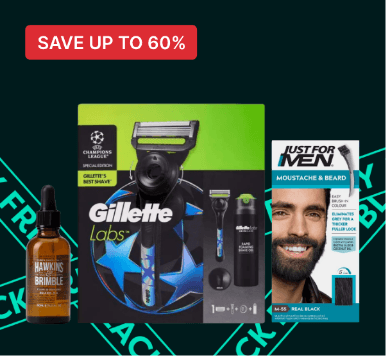 Men's grooming products including a razor set, beard dye, and beard oil, with a "Save up to 60%" offer label.