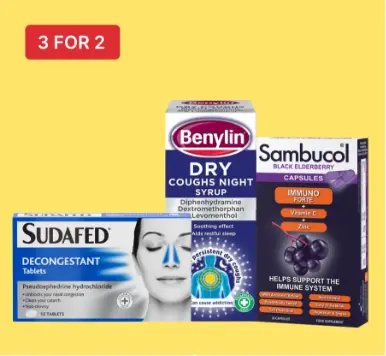 Cold and flu relief products including Sudafed decongestant, Benylin cough syrup, and Sambucol capsules, with a "3 for 2" offer sign.