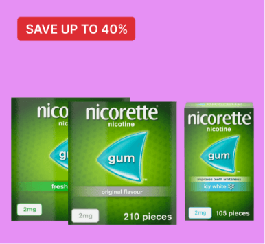 Nicorette nicotine gum in fresh mint, original, and icy white flavors with a "Save up to 40%" banner on a pink background.