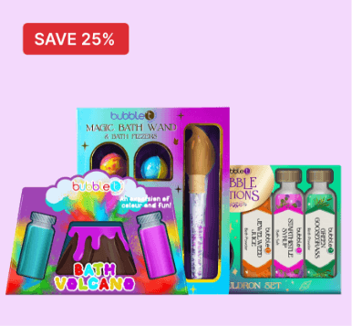 Colorful bath product sets with a "Save 25%" label, including bath fizzers, a magic wand, and bubble potions on a light purple background.