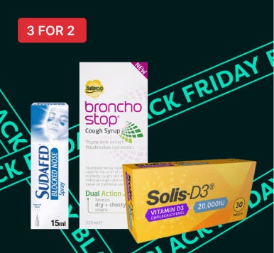 Three health products displayed against a Black Friday background: Sudafed spray, Broncho Stop cough syrup, and Solis-D3 vitamin with a 3 for 2 offer.