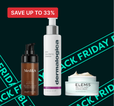 Skincare products with a "Save up to 33%" label and a Black Friday theme in the background.