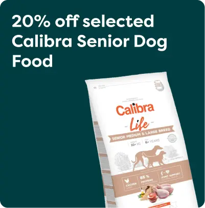 Bag of Calibra Life Senior Dog Food with a "20% off" label on a green background.
