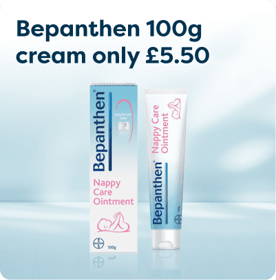Bepanthen Nappy Care Ointment 100g only £5.50 at Pharmacy2U. Bepanthen Nappy Care Ointment and its packaging are displayed.