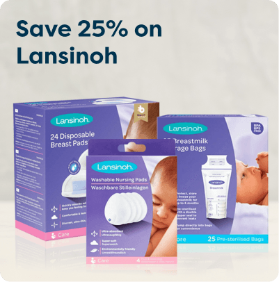 Save 25% on Lansinoh at Pharmacy2U. Lansinoh breastfeeding products, including disposable breast pads, washable nursing pads and breastmilk storage bags, are displayed.
