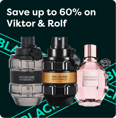 Three Viktor & Rolf perfumes against a black background with text offering up to 60% savings.