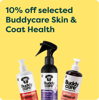Image of three Buddycare pet products against a yellow background with a text stating "10% off selected Buddycare Skin & Coat Health."