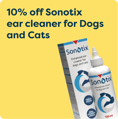 Promotional image for Sonotix ear cleaner for dogs and cats with box and bottle, offering a 10% discount.