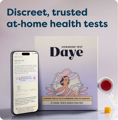 Box of Daye hormone test with smartphone displaying results; message reads "Discreet, trusted at-home health tests."