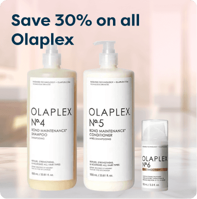 Olaplex ad showing a 30% discount on No. 4 Shampoo, No. 5 Conditioner, and No. 6 Bond Smoother, with bottles on a light background.