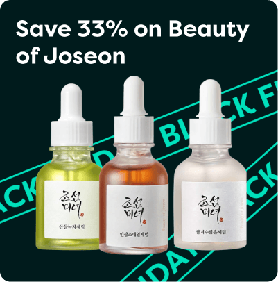 Three Beauty of Joseon serum bottles with a "Save 33% on Beauty of Joseon" Black Friday sale announcement.