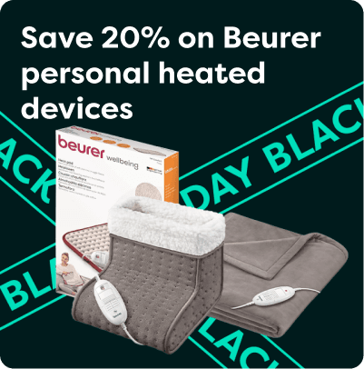 Advertisement for a 20% discount on Beurer personal heated devices, featuring an electric foot warmer and heating pad with controllers.