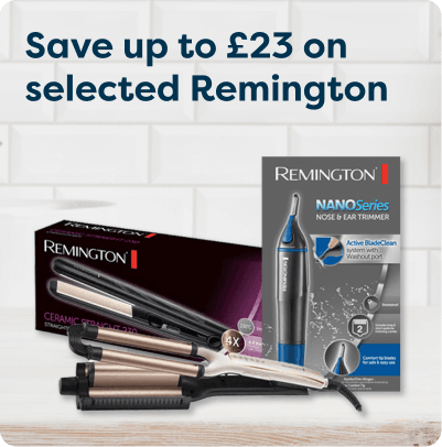 Save up to £23 on selected Remington at Pharmacy2U. A selection of Remington grooming and hair styling products, including a ceramic hair straightener, styling tool and nose and ear trimmer, is displayed.