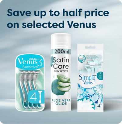 Save up to half price on selected Venus at Pharmacy2U. Venus razors and Satin Care Aloe Vera Glide shaving gel are displayed.