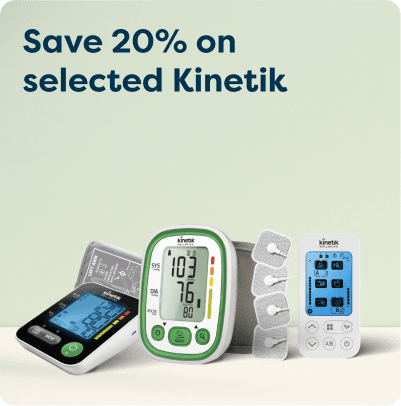 Save 20% on selected Kinetik at Pharmacy2U. Kinetik health monitoring devices, including a blood pressure monitor and EMS unit, are displayed.