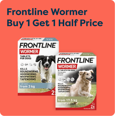 Frontline Wormer promotion: "Buy 1 Get 1 Half Price." Two packages for different dog sizes are shown, with images of dogs on each box.