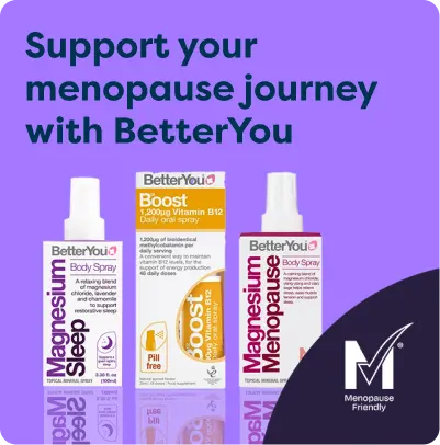Support your menopause journey with BetterYou at Pharmacy2U. BetterYou menopause support products, including Magnesium Sleep Spray, Vitamin B12 Oral Spray and Magnesium Menopause Spray, are displayed.
