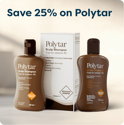 Save 25% on Polytar at Pharmacy2U. Two bottles and one box of Polytar Scalp Shampoo with coal tar solution are displayed.