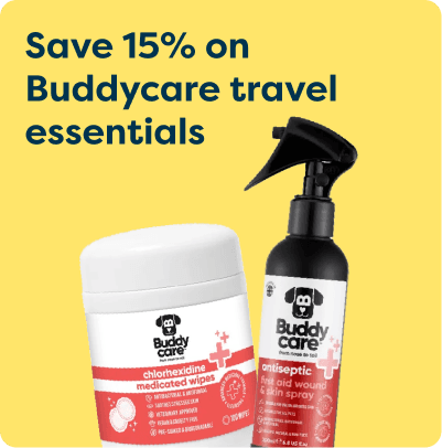 Save 15% on Buddycare travel essentials featuring chlorhexidine wipes and antiseptic spray with a yellow background.